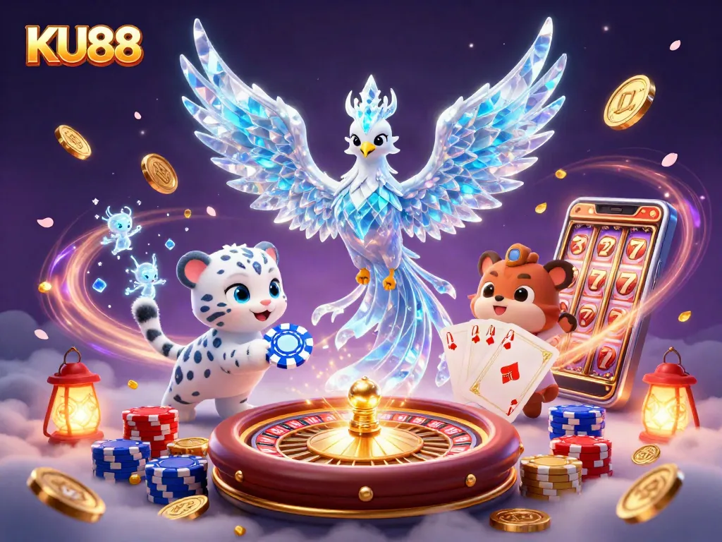 KU88 engages players with vibrant 3D gaming elements, featuring an ice phoenix, snow leopard cub, and sparkling casino treasures.