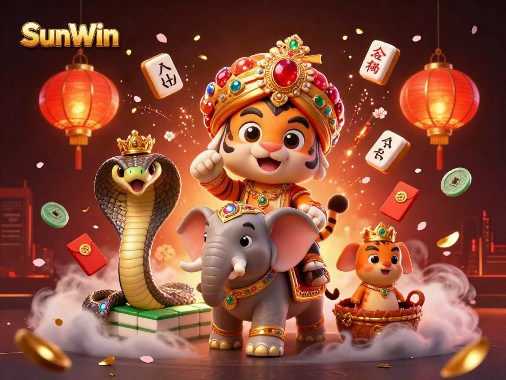 Experience the excitement of SunWin with a vibrant, artistic 3D casino scene featuring dynamic games and colorful symbols.