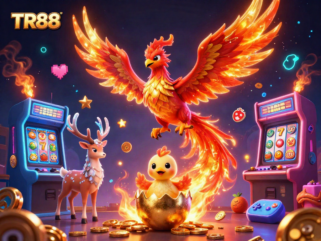 TR88 showcases a vibrant 3D phoenix scene with rich casino elements promoting exciting gameplay.