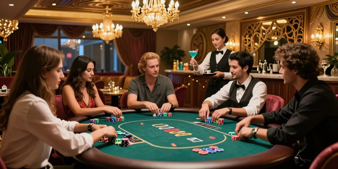 Engaging casino scene with friends playing poker at rokok88, surrounded by vibrant decor and a lively atmosphere.