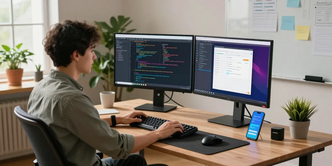 Developer in a modern workspace showcasing CodeMason's web development technologies with vibrant code displays.