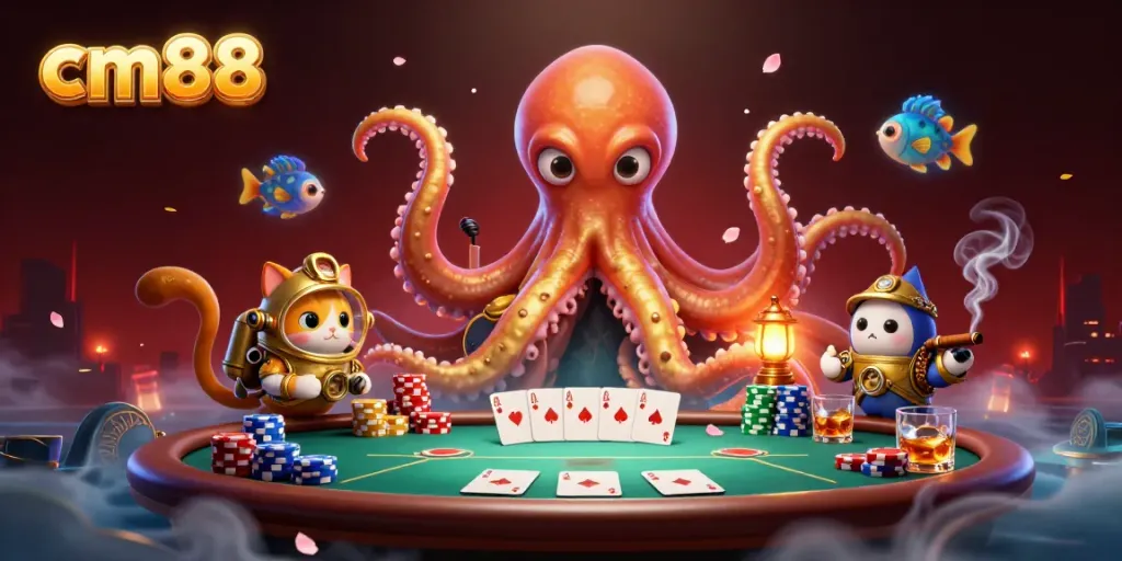 Engage in thrilling gameplay with cm88 featuring a vibrant kraken and poker scene, showcasing casino elements.