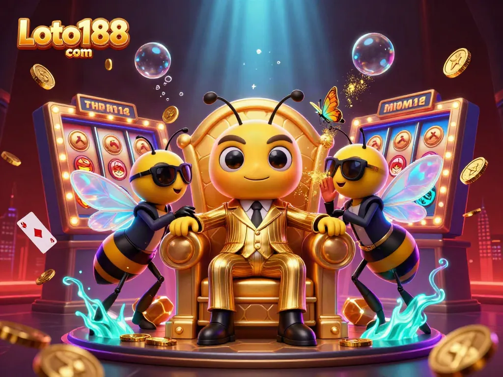 Experience thrilling games at Loto188 com with vibrant slot reels and dynamic casino characters.