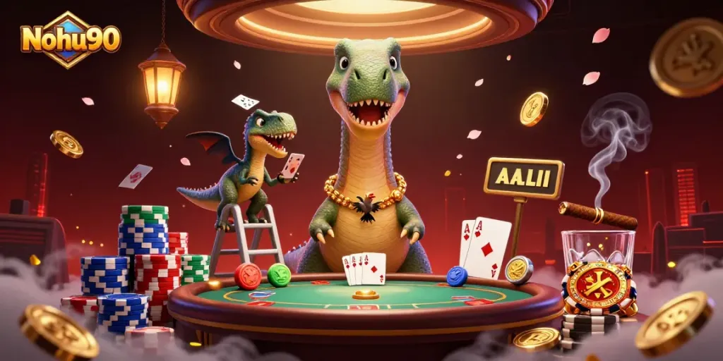 Nohu90 showcases a vibrant casino scene with a giant brontosaurus and clever raptor dealing cards at a poker table.