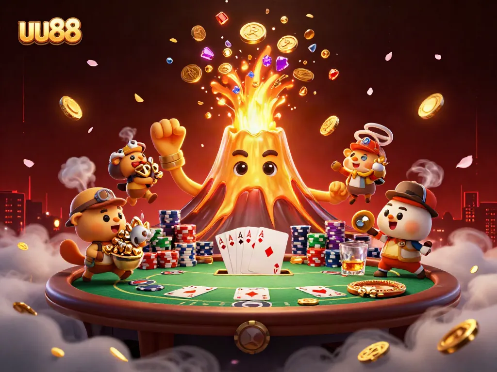 Experience uu88’s thrilling casino adventure with a golden volcano erupting coins amidst poker excitement.