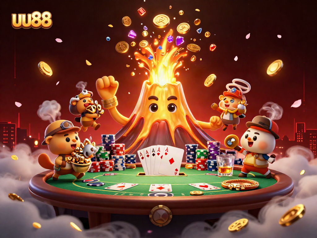 Experience uu88’s thrilling casino adventure with a golden volcano erupting coins amidst poker excitement.