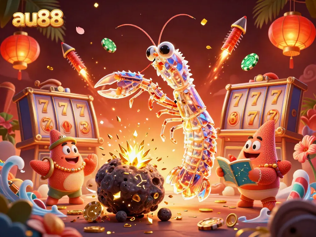 Experience the excitement of au88 with a vibrant scene featuring a galactic samurai mantis shrimp amidst golden casino elements.