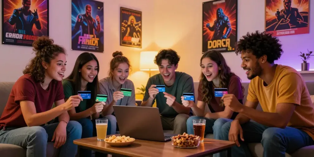 Friends exploring credit card casinos uk together in a cozy home setting, showcasing excitement.