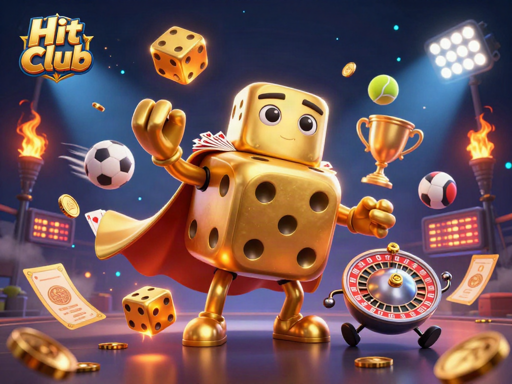 Try your luck at Hit Club, where golden dice and sports balls collide in a vibrant casino scene.