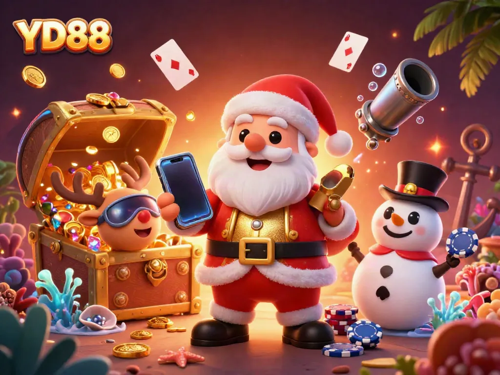 Join the fun at YD88 with Santa and friends in a vibrant casino scene full of exciting elements.