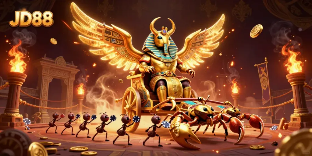 Experience thrilling games at JD88 with a dynamic illustration of casino elements and characters.
