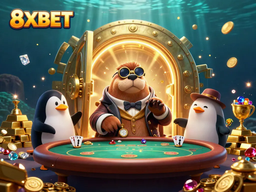 Experience the excitement of 8XBET with a vibrant underwater poker scene featuring diverse characters and gold treasures.