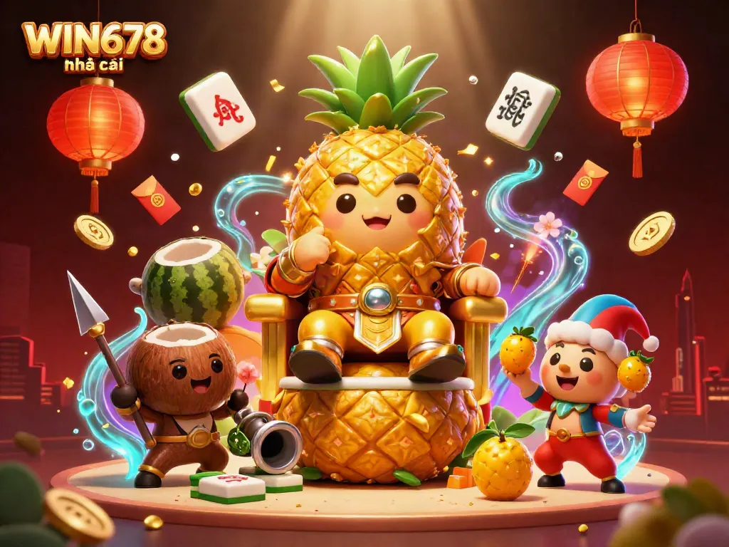 Experience the thrill at WIN678 nhà cái with a cartoon pineapple king and vibrant casino elements.
