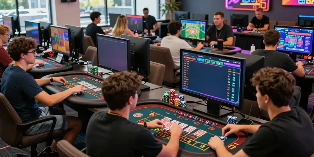 EE88 gaming hub showcasing vibrant casino tables and sports betting screens in an energetic atmosphere.