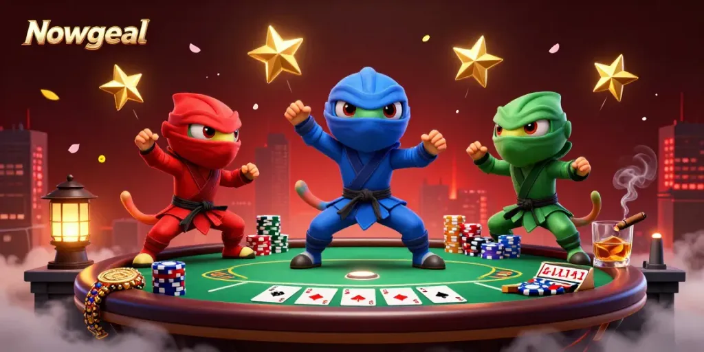 Synchronized ninja chameleons celebrate Nowgoal with poker chips and cards on a rooftop.