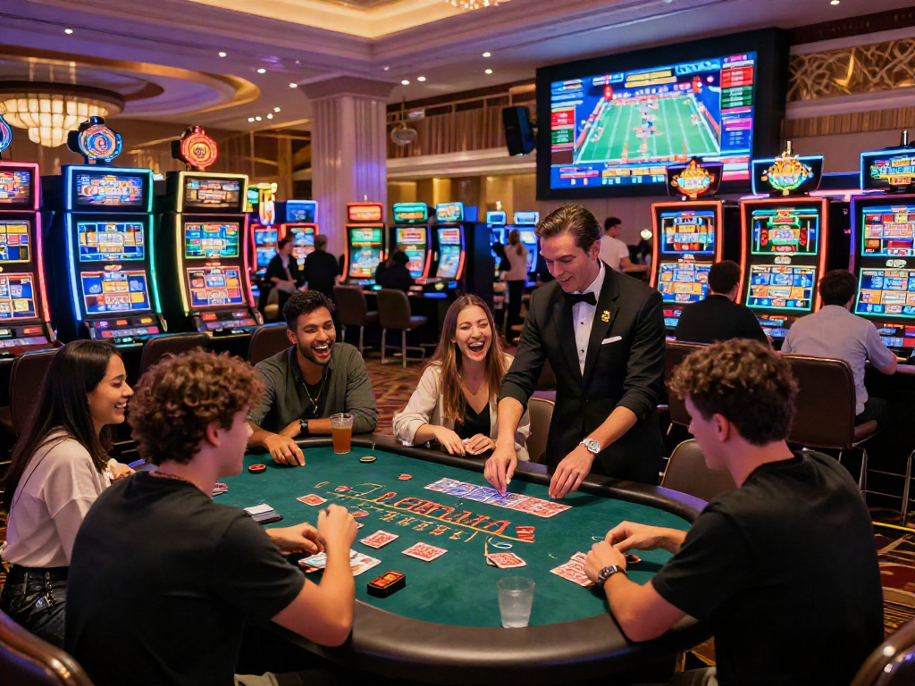 Trải nghiệm sôi động tại f168 casino với người chơi và ánh đèn màu sắc.