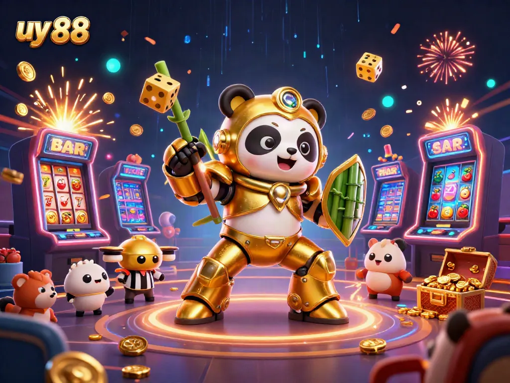 Experience the excitement of uy 88 with a golden panda in a mech-suit amidst a bustling casino scene.