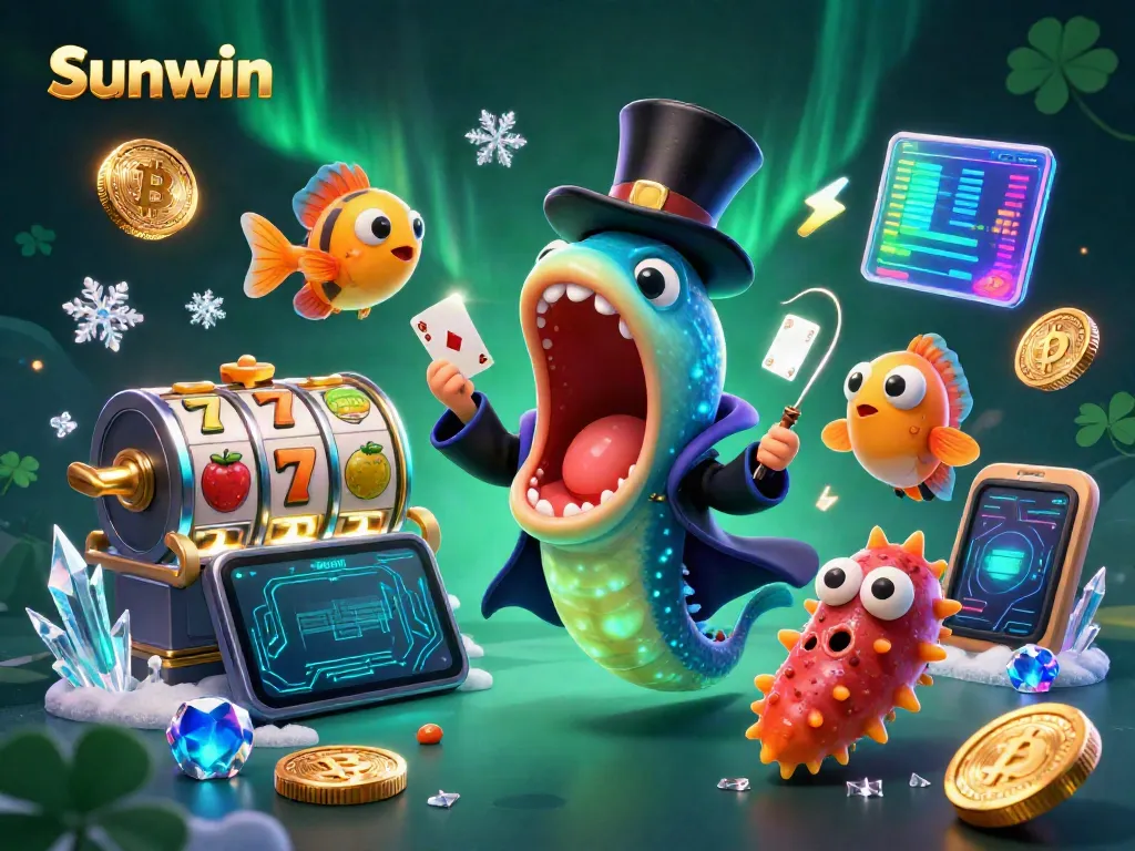 Experience the excitement of Sunwin’s vibrant casino world with whimsical sea creatures performing tricks amidst neon crypto coins.