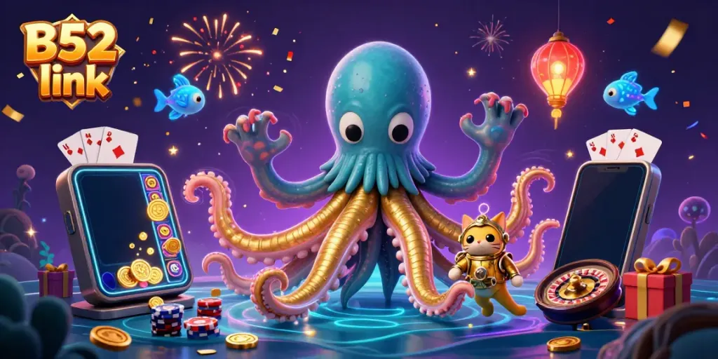Watch the treasure-filled ocean come alive in this stunning B52 link illustration, featuring a kraken, diving cat, and animated game elements.