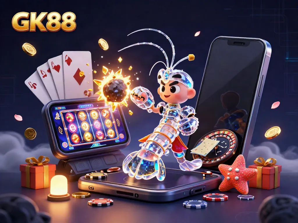 GK88 shines as a galactic samurai mantis shrimp breaks through an asteroid showering gems in a vibrant casino scene.