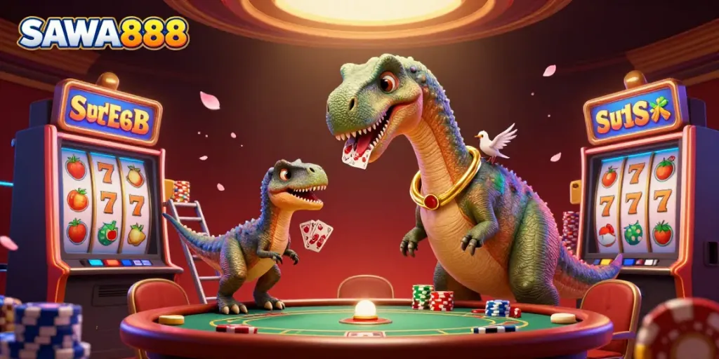 Experience thrilling gaming action at SAWA888 with a whimsical brontosaurus and raptor in a vibrant casino setting.