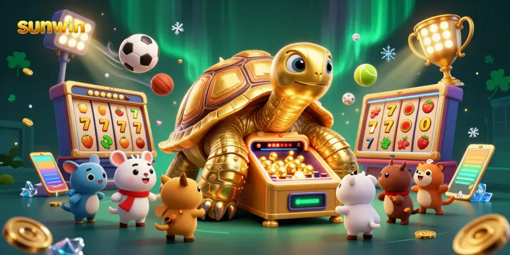 Experience the excitement at Sunwin with a lively 3D illustration of a colossal golden tortoise pinball machine amidst dynamic gaming elements.