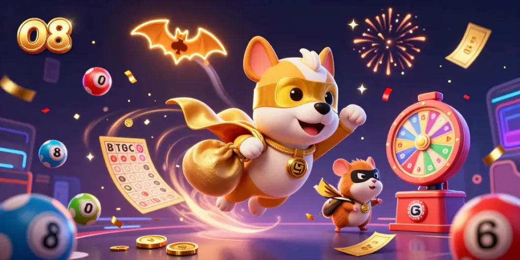 O8 casino platform showcases a superhero dog and hamster amidst colorful lottery elements, celebrating wins.