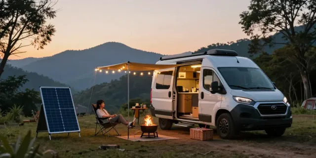 Relaxing scene showcasing rokok88 campervan lifestyle at sunset.