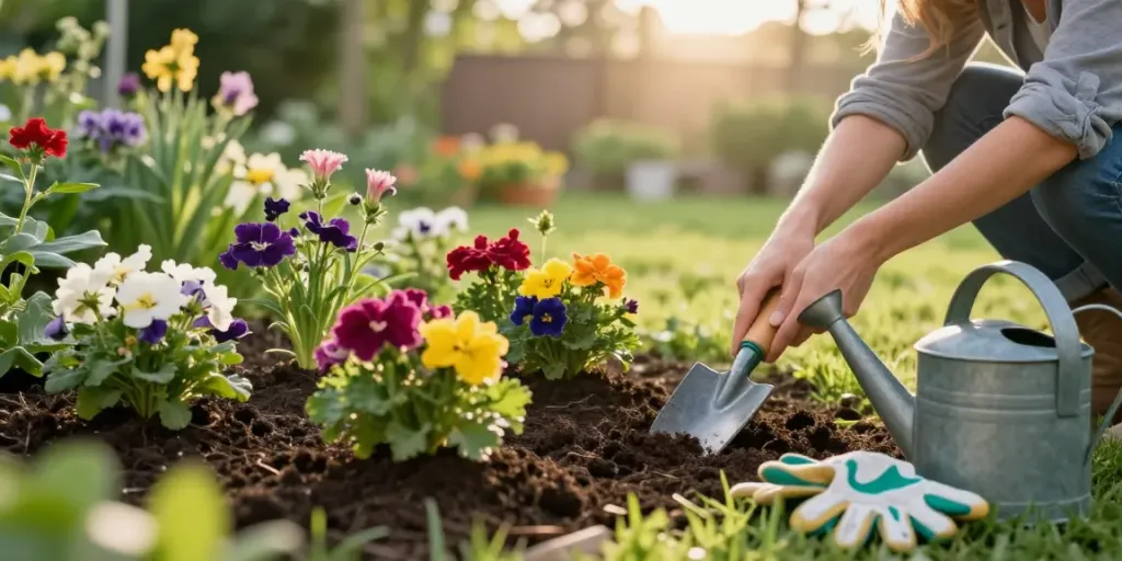Garden enthusiast planting vibrant flowers in the morning light.