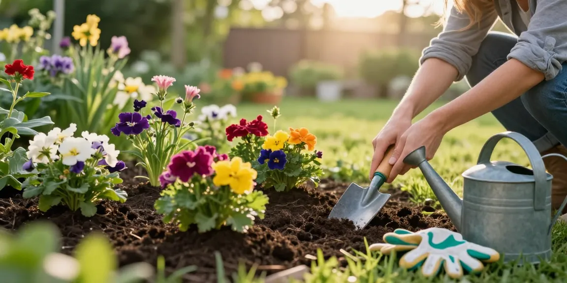 Garden enthusiast planting vibrant flowers in the morning light.