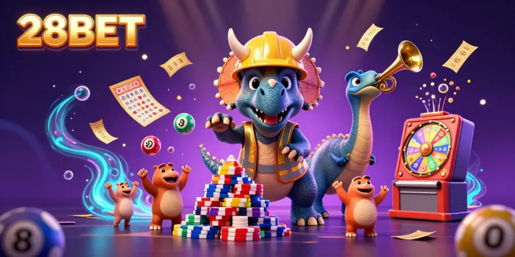 Experience 28BET's vibrant celebrations with colorful lottery elements and cheerful prehistoric characters.