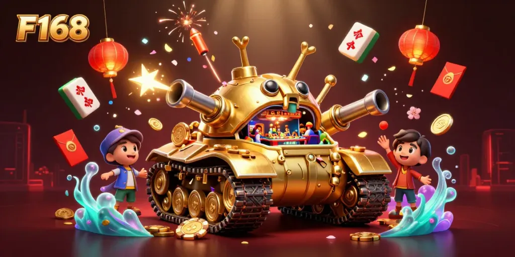 Experience F168 with a vibrant golden beetle casino tank depicting a lively gambling scene.