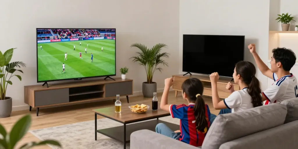 Excited fan enjoying a soccer match on TV, engaging with cakhiatv streaming service.