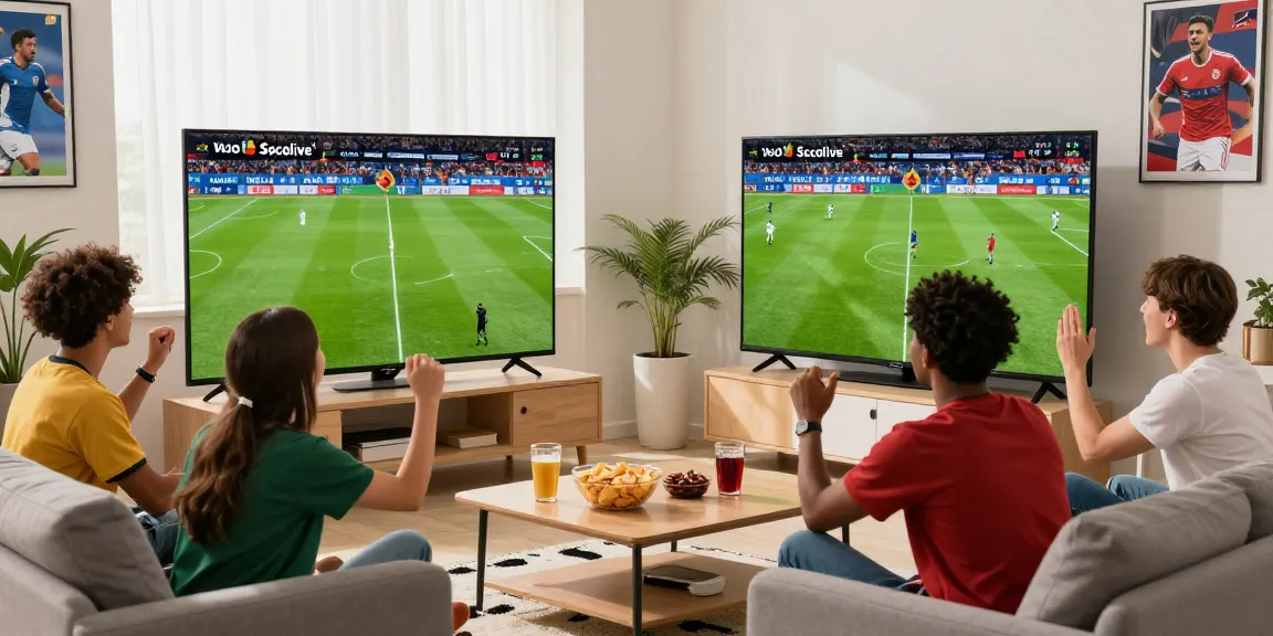 Football fans enjoying a Socolive live match in a vibrant setting with snacks and excitement.