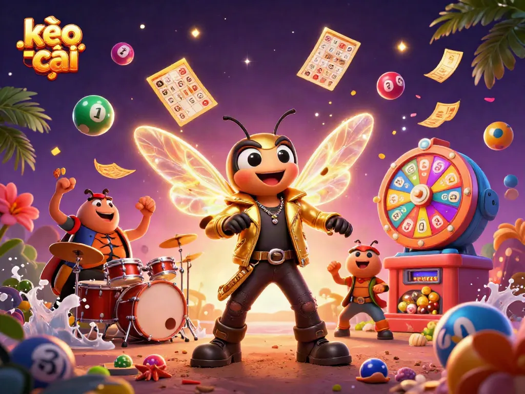 Engage with dynamic kèo nhà cái illustration featuring crickets, a cicada rock star, and vibrant gaming elements.