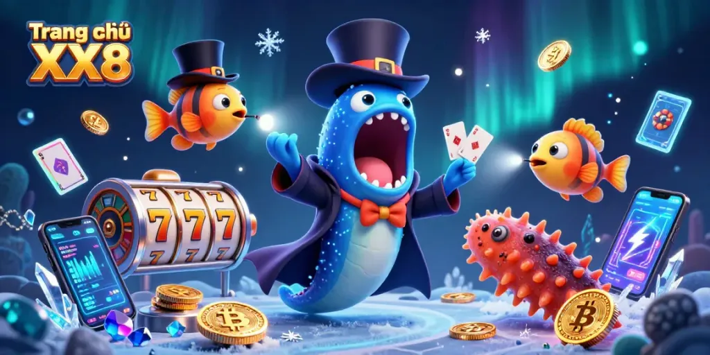 Experience gaming excitement with Trang chủ XX8's vibrant 3D illustration featuring unique sea creatures.