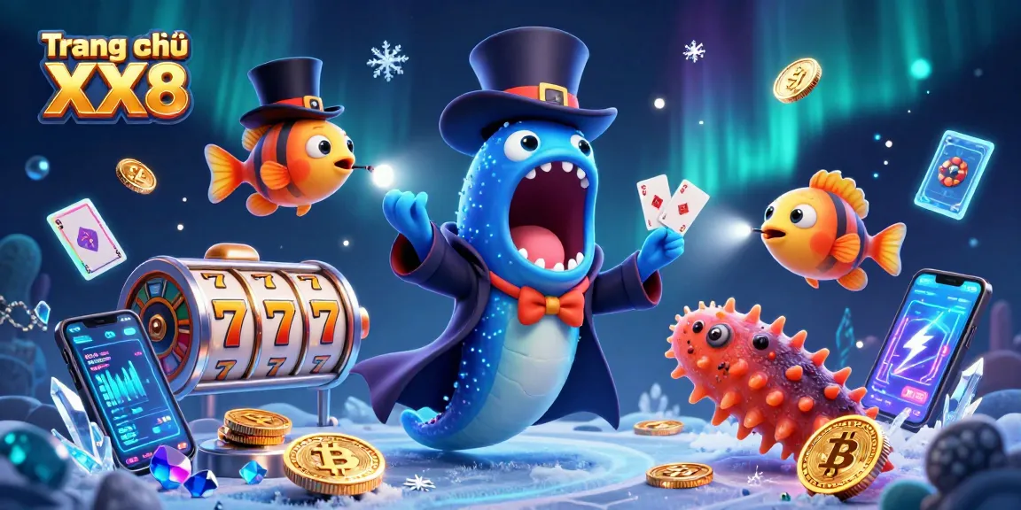 Experience gaming excitement with Trang chủ XX8's vibrant 3D illustration featuring unique sea creatures.