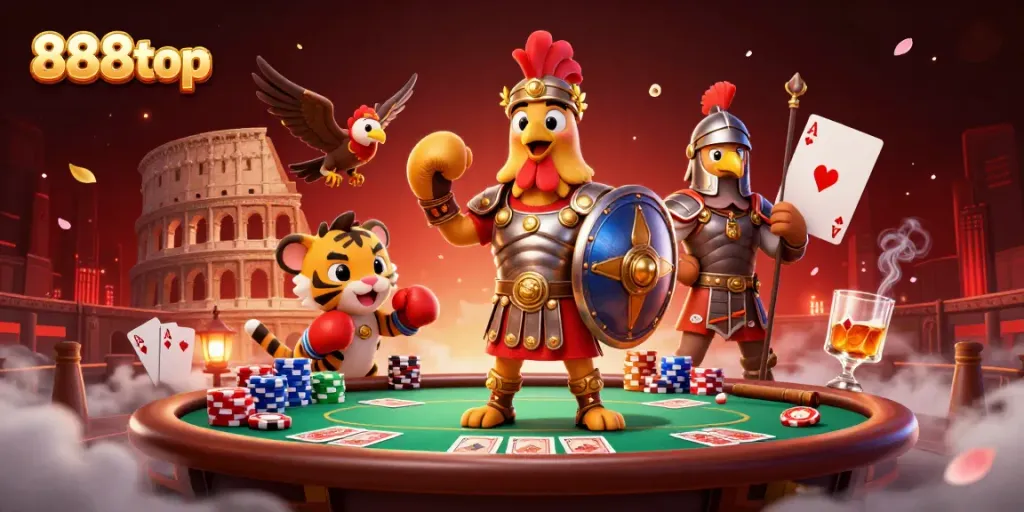 Engage in thrilling poker action at 888top with a dynamic 3D casino scene featuring adventure characters.