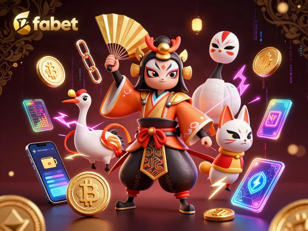 Engage in thrilling games at fabet with a vibrant 3D digital casino scene showcasing dynamic characters and crypto elements.