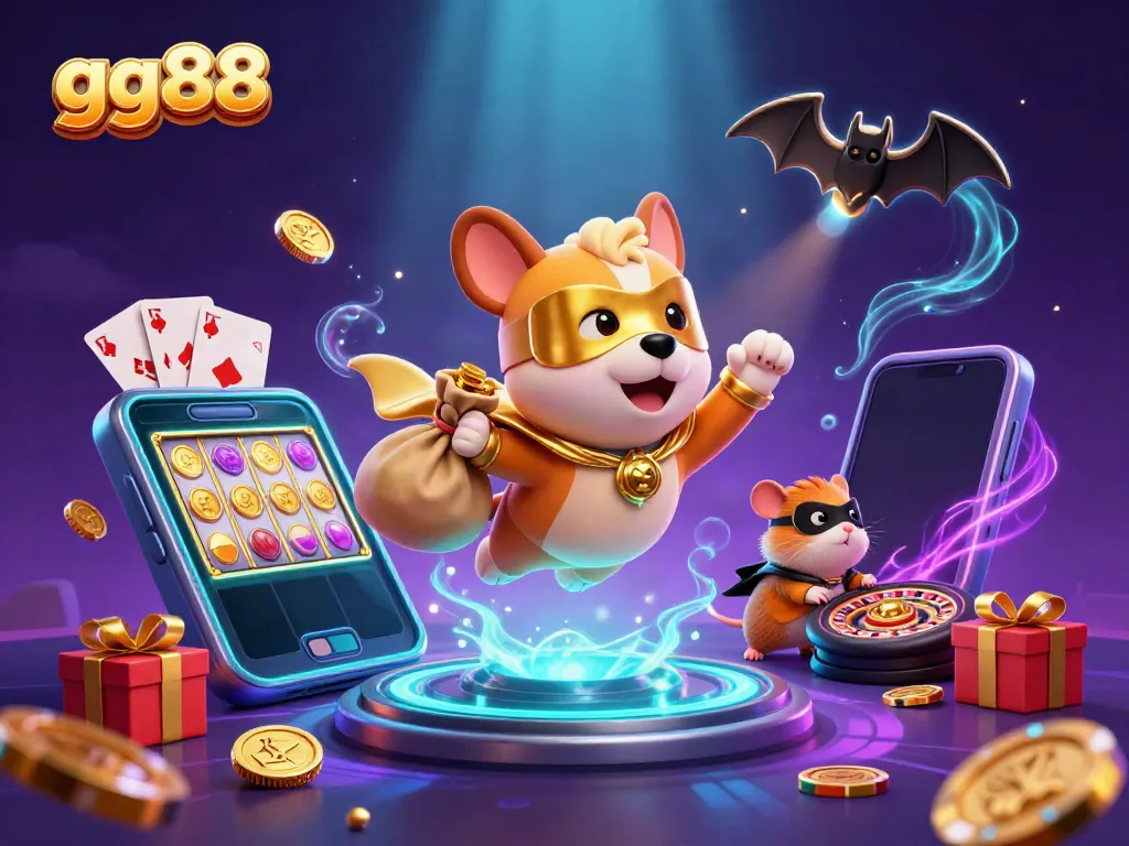 Experience the thrill of gg88 with a superhero dog flying over a vibrant casino scene, full of games and excitement.