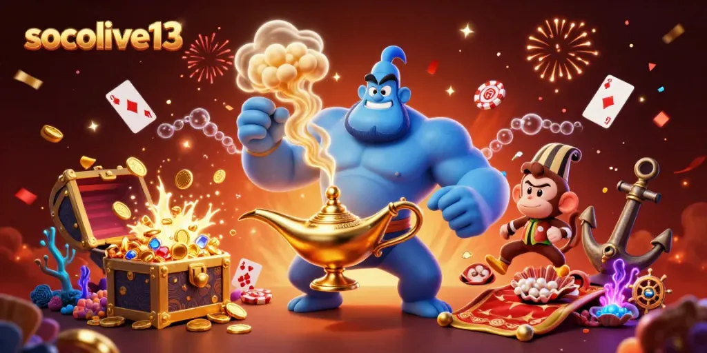 Socolive13 offers live sports betting excitement with vibrant illustrations of magic and casino elements.