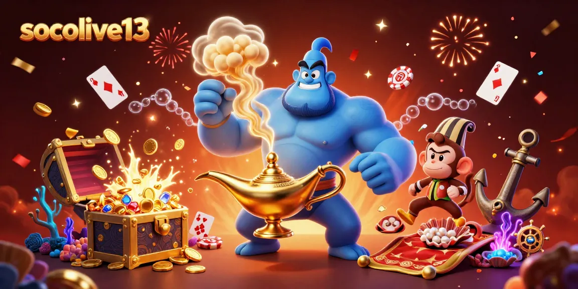 Socolive13 offers live sports betting excitement with vibrant illustrations of magic and casino elements.