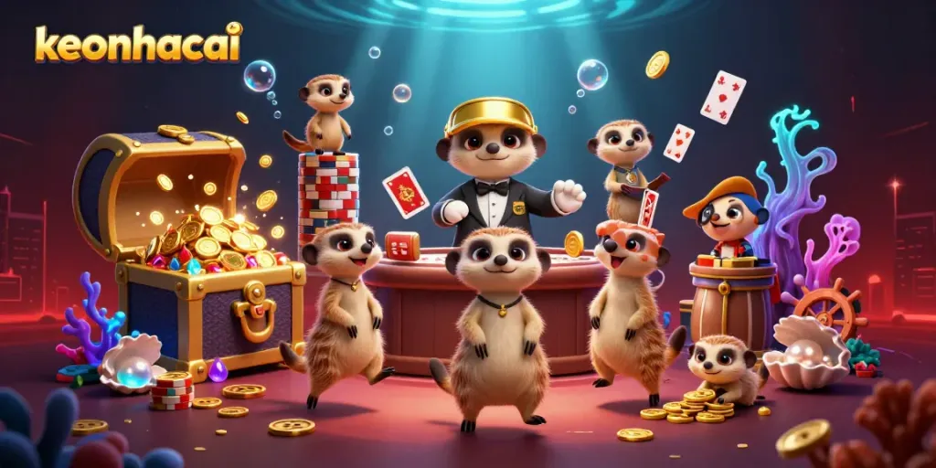 Experience keonhacai's lively casino scene with meerkats dealing cards, amidst an underwater treasure atmosphere.