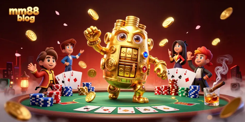 Experience thrilling moments at MM88 blog with a golden golem, vibrant poker setup, and dynamic game elements.