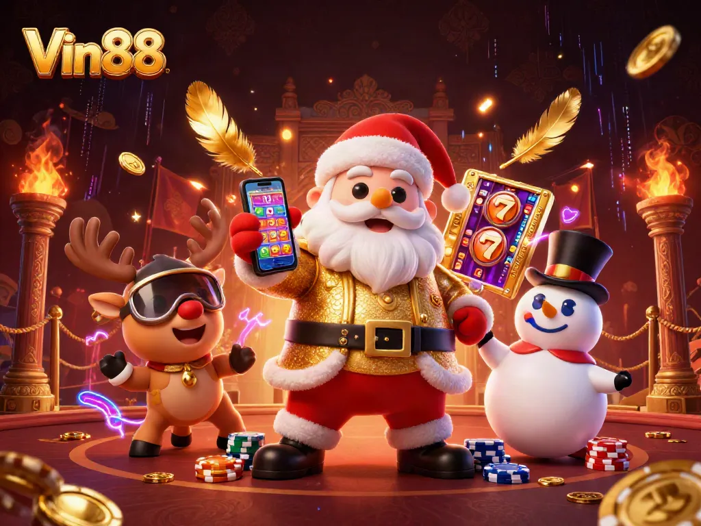 Win big at Vin88 with a festive casino scene featuring Santa, a reindeer, and a poker chip snowman.
