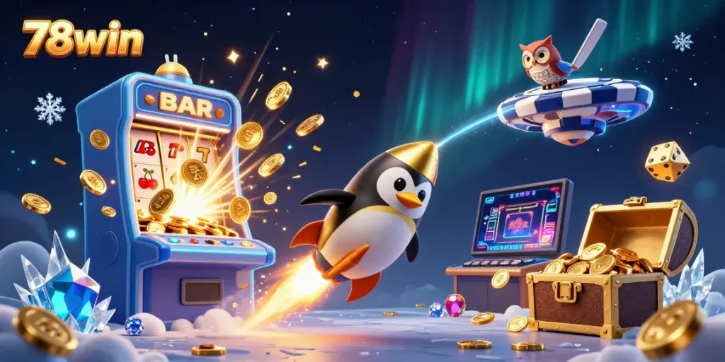 Experience the thrill of 78win with a vibrant casino-themed 3D illustration showcasing dynamic characters and game elements.