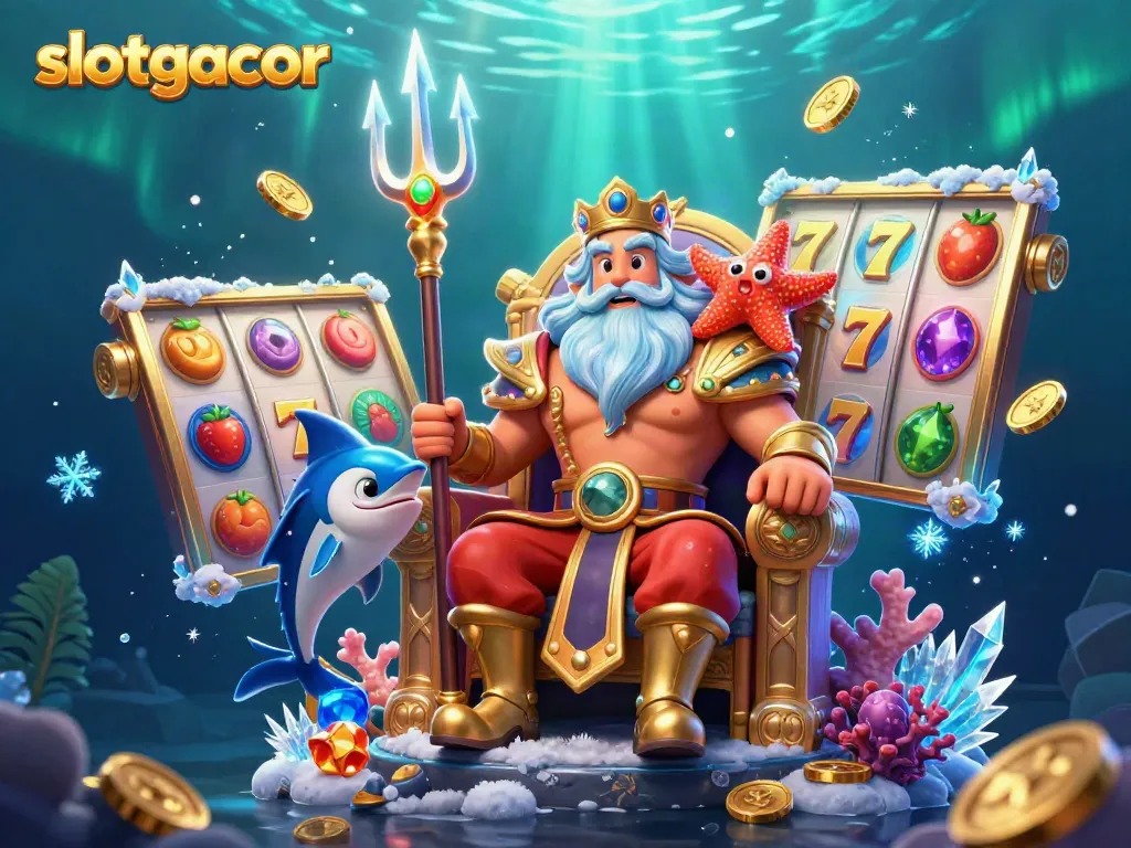 Experience the excitement of slotgacor with vibrant 3D underwater visuals featuring Neptune surrounded by spinning slots and coins.