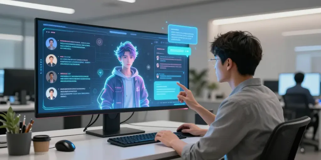Engaged user exploring the Ourdream AI roleplay platform with holographic character interface.