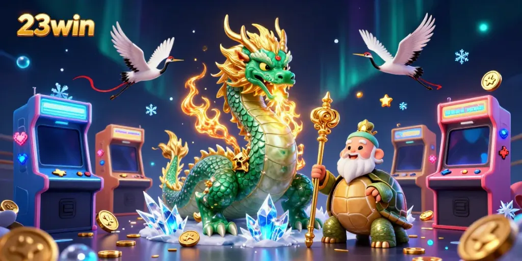 Experience the dynamic world of 23win, featuring an emerald jade dragon and vibrant gaming elements.