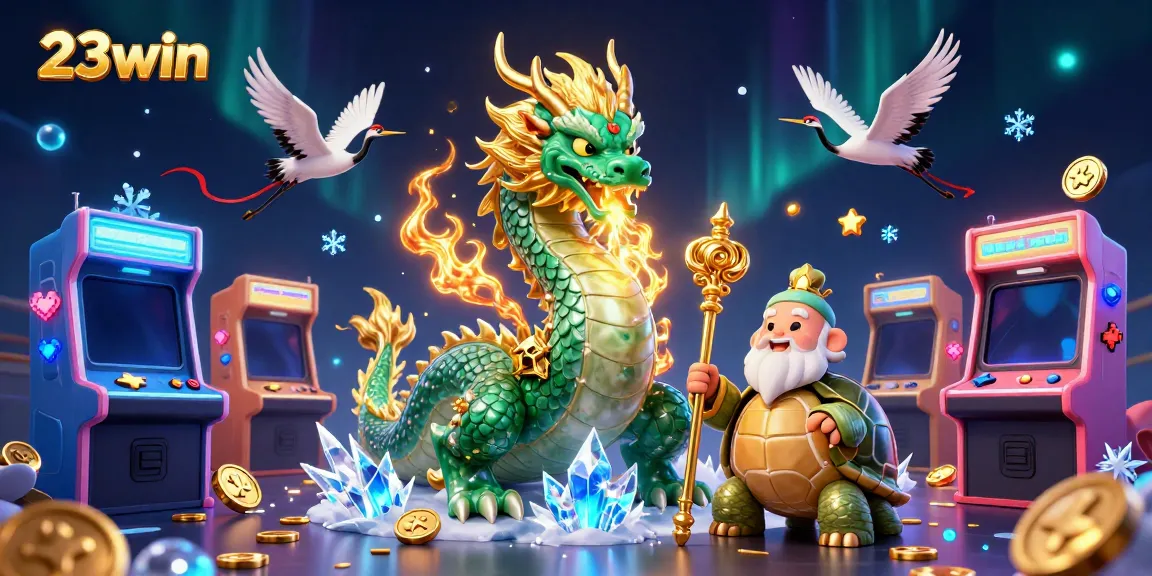 Experience the dynamic world of 23win, featuring an emerald jade dragon and vibrant gaming elements.